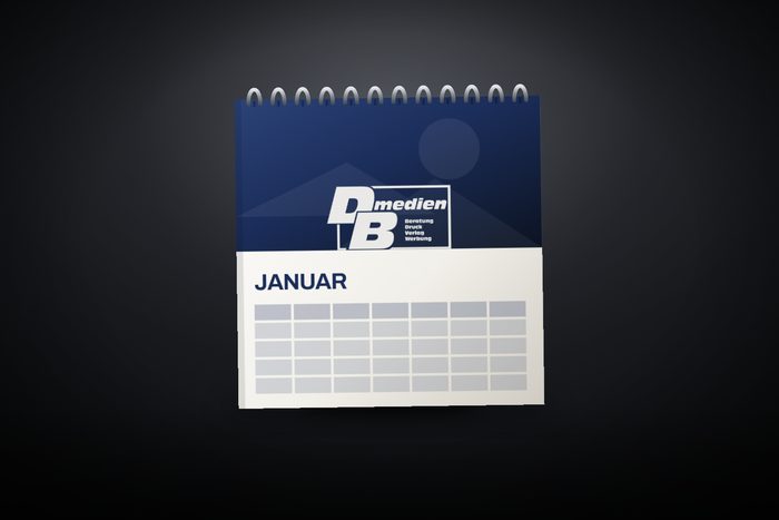 Wandkalender mit Spiralbindung, Motivfläche und Monatsraster, Studioaufnahme